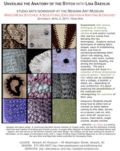 April 2nd, 2011 – Lisa Daehlin teaches Mixed Media Stitches: A Sculptural Exploration in Knitting and Crochet - Studio Arts Workshop at NEWARK ART MUSEUM – NJ 