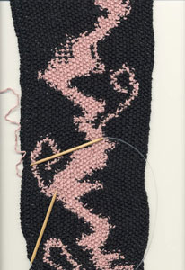 Pink Black Dragon on Needles Seed Stitch Intarsia Knitting