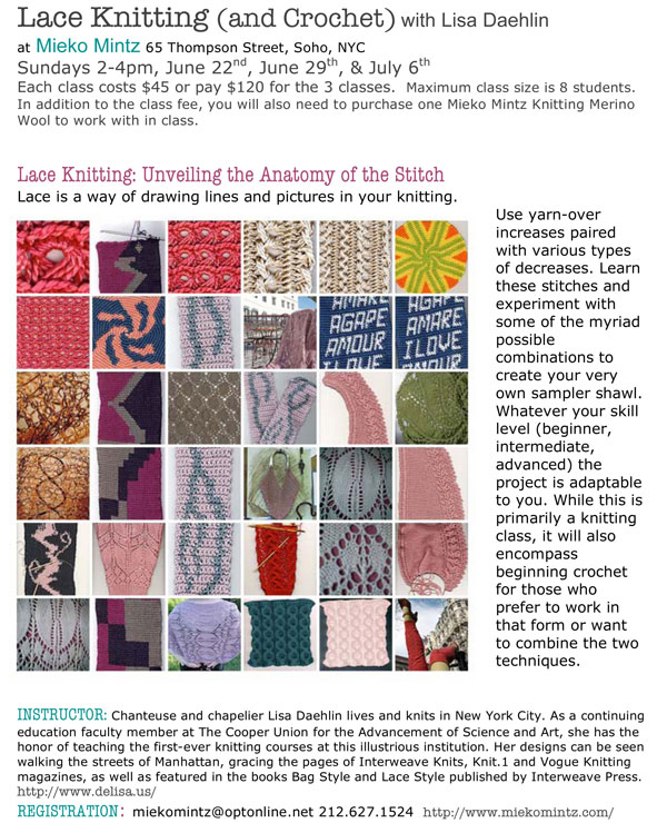 Poster Lace Knitting (and Crochet) with Lisa Daehlin at Mieko Mintz June-July 08